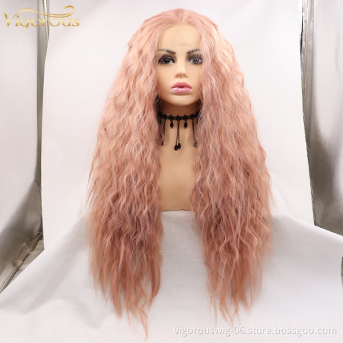 Lovely Pink Mono Long Curly Premium High Quality Water Wave Wholesale Cheap Women Fiber Synthetic Hair Wigs Lace Front